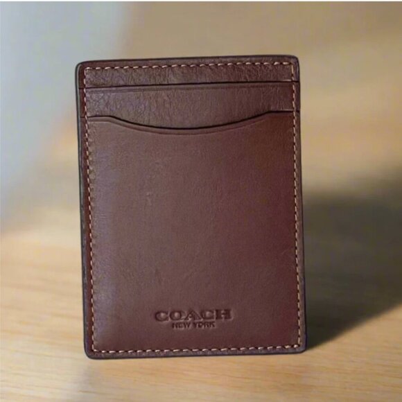 Coach Money Clip Card Case Mens Dark Saddle Leather C6702 Wallet Compact Slim - Picture 1 of 7